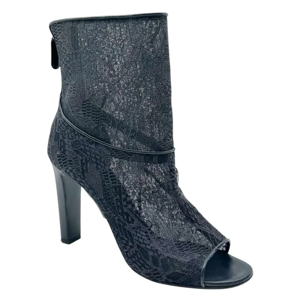 Chanel Sheer Black Lace & Pearl CC Heel Peep-Toe Heeled Booties